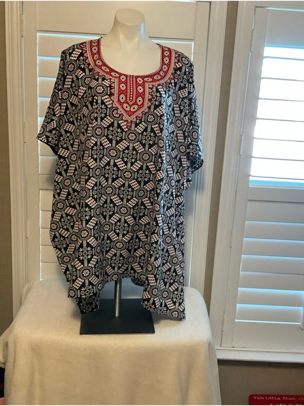 Black & White Geometric Swim Coverup with Red Embroidered Neckline